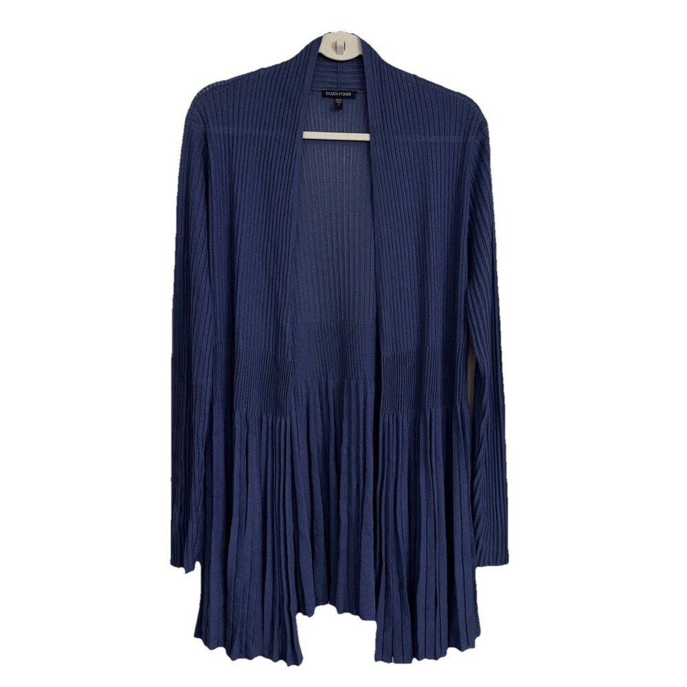 Eileen Fisher Cardigan Large Blue Open Front Rib Cardigan Pleated Sweater Duster
